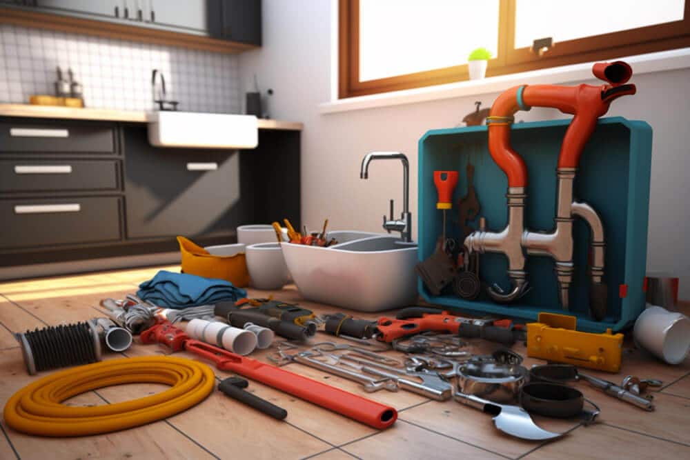 Plumbers Tools and Equipment Strategically Positioned on the Kitchen Floor